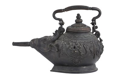 Lot 181 - A HEAVY CAST BRONZE ZOOMORPHIC SHAIVITE CEREMONIAL WATER VESSEL (GOWMUKHI)