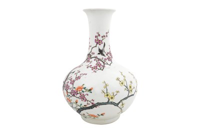 Lot 126 - A CHINESE FAMILLE ROSE 'BIRDS AND PRUNUS' BOTTLE VASE