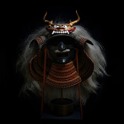 Lot A JAPANESE TAKEDA CLAN ARMOUR HELMET, KABUTO, FACE MASK, MENPO AND PARTS OF ARMOUR