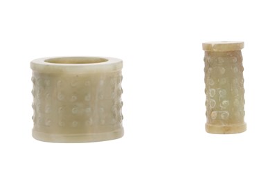 Lot 55 - TWO CHINESE PALE CELADON JADE ARCHAISTIC CARVINGS