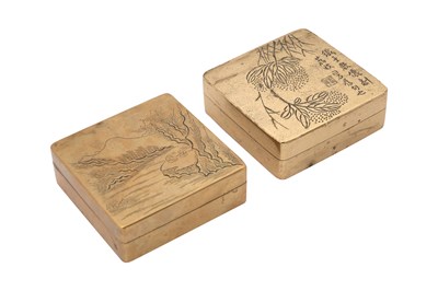 Lot 69 - TWO CHINESE SQUARE BRASS FLINT BOXES AND COVERS