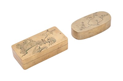 Lot 63 - TWO CHINESE OBLONG METAL FLINT BOXES AND COVERS