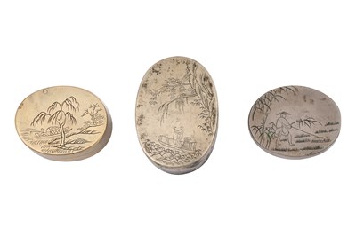 Lot 64 - TWO CHINESE OVAL BRASS FLINT BOXES AND COVERS AND ONE COVER
