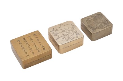 Lot 66 - THREE CHINESE BRASS SQUARE FLINT BOXES AND COVERS