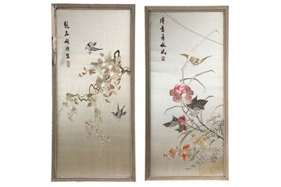 Lot 134 - A PAIR OF CHINESE EMBROIDERED SILK PANELS