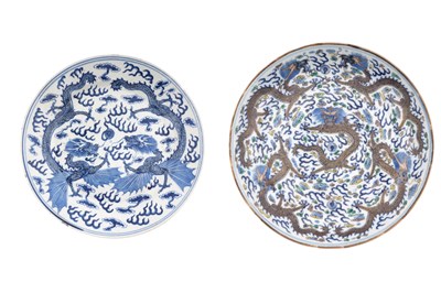 Lot 26 - TWO CHINESE BLUE AND WHITE ‘DRAGON’ DISHES