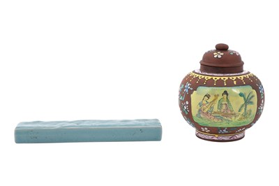 Lot 79 - A CHINESE YIXING ZISHA TEA CADDY AND A PAPERWEIGHT