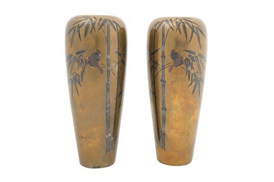 Lot 75 - A PAIR OF JAPANESE INLAID BRONZE VASES