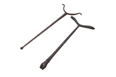 Lot 91 - TWO INDIAN STEEL SUFI CRUTCHES WITH ANIMAL HEADS
