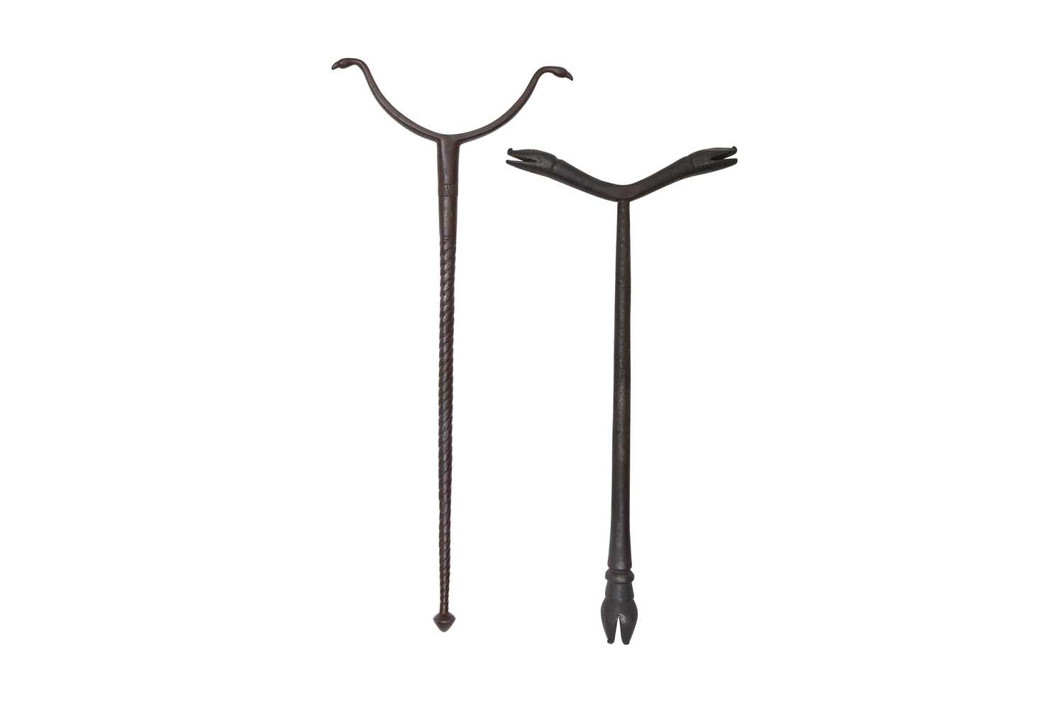 Lot 91 - TWO INDIAN STEEL SUFI CRUTCHES WITH ANIMAL HEADS